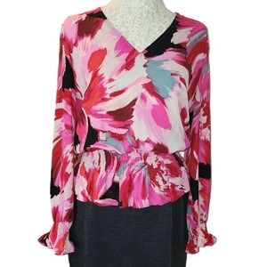 Halogen Blouse‎ M Retro Floral Print Long Sleeve Elastic Waist